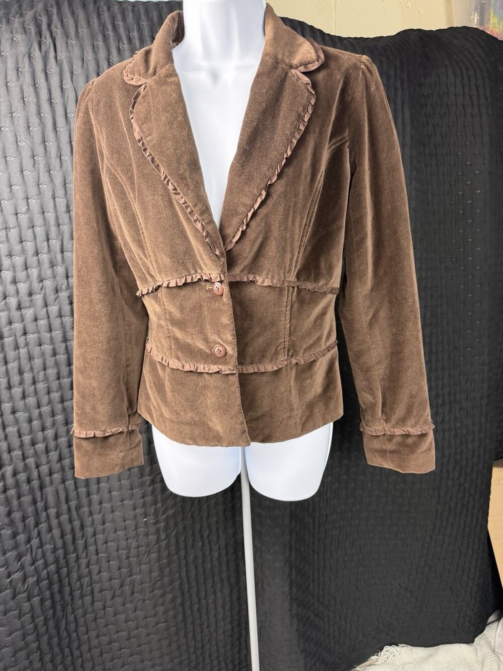 Vintage Y2K Blazer Size 4 Brown Velvet Jacket Chocolate Retro 90s-#1093
